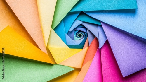 This abstract close-up image shows vibrant colorful paper folded into a mesmerizing geometric spiral pattern featuring intricate texture.