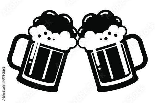 Black and White Vector Illustration of Two Beer Mugs Clinking Together Celebrating Cheers