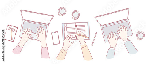 Aerial view of hands working on laptops and notebooks, perfect for productivity and teamwork themes.