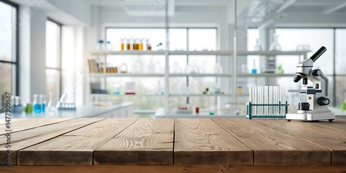 Wood table overlooks a bright lab space complete with microscope and test tubes