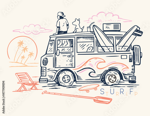 Surfing travel illustration, cartoon style art.