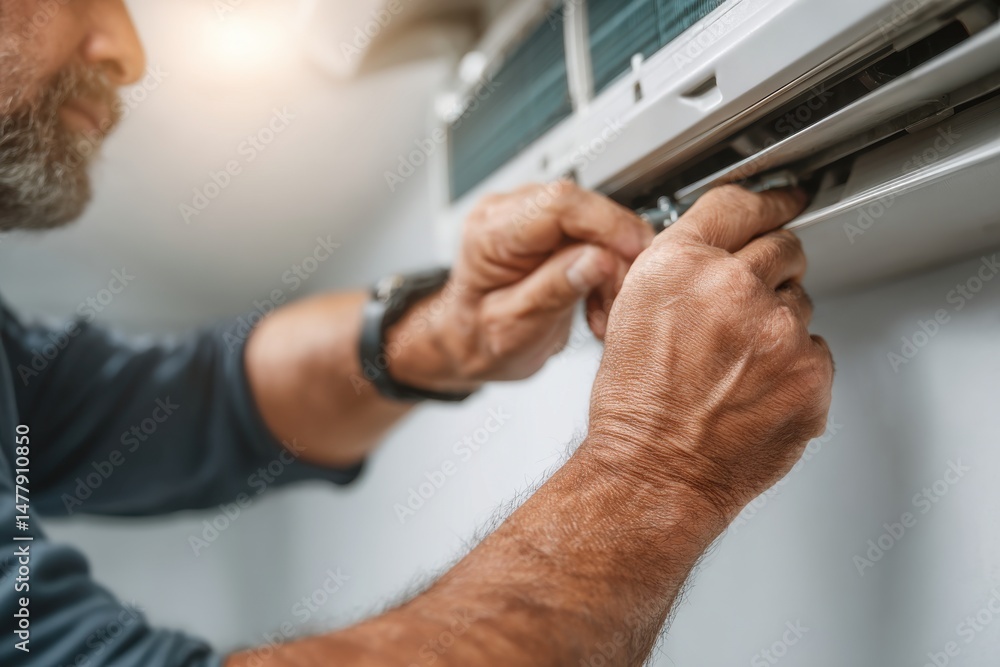 Fototapeta premium Air conditioner repair and maintenance service by a skilled handyman, ensuring efficient cooling for a comfortable home with a focus on precision and expertise.
