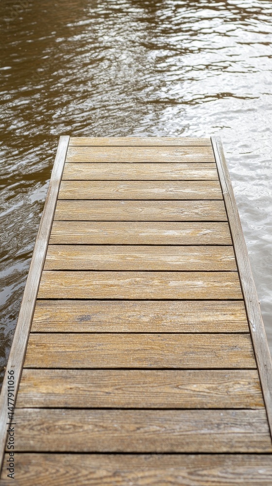 A wooden pier extends into the rippling brown water on a calm day, offering a sense of solitude and natural beauty. A wooden pier extends into the rippling brown water on a calm day, offering a sense of solitude and natural beauty.
