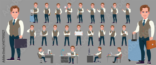 Man Character design. Front, side, back view and explainer animation poses. Character set with lip sync and facial expressions of Happy, angry, sad, Joy with Side walk cycle animation sequence sprite 