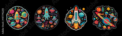 Colorful psychedelic vector set of space-themed stickers with rockets, planets, stars, and galaxies. Perfect for decoration and design.