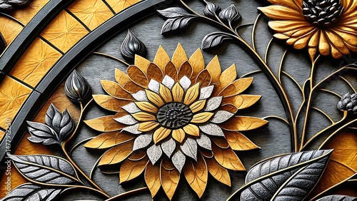Ornate golden sunflower with silver leaves and buds displays intricate metallic embellishments beautifully