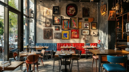 Cozy cafe interior with a vintage feel. Mismatched chairs, a red sofa, framed artwork, and retro lighting create an eclectic atmosphere. Natural light enters through large windows. Generative by AI