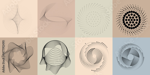 Halftone dots in Circle Form .Rotate rounded shape Vector Illustration .Rotating circles form a ring.Rotating design element . Various circle lines forming round frame . Abstract Geometric line art .
