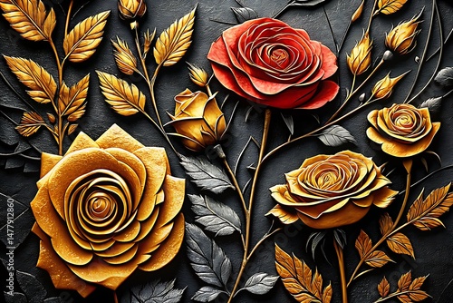 Red and gold roses contrast a black background with grey leaves in a luxury art form
