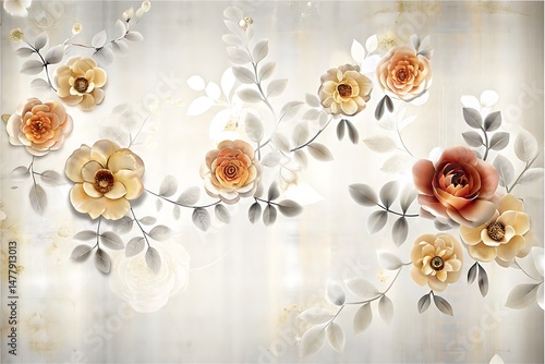 Several beautifully detailed beige and peach roses adorn a soft, subtly textured background