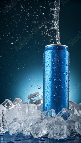 Blue soda can mockup on ice cubes with water droplets and refreshing effect