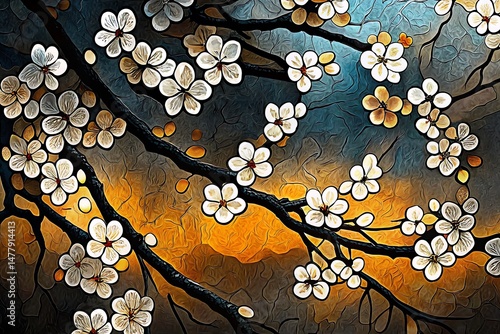 Stylized white flower blossoms create an intricate, visually appealing botanical composition in front of amber hue