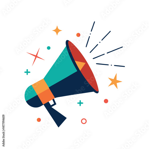 Colorful illustration of a megaphone announcing an important message with decorative elements