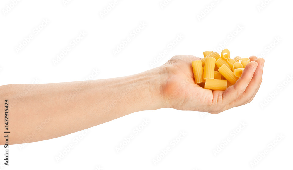 Fototapeta premium pasta rigatoni in hand path isolated on white