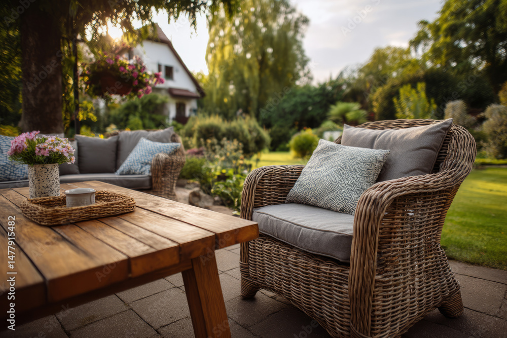 Obraz premium Cozy garden lounge with rattan armchairs and wooden table