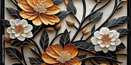 Two gold flowers and two white flowers with black leaves adorn a textured background