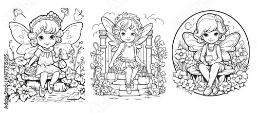 Vector set of cute fairy coloring pages for children. Fairies with wings, flowers, and magical nature scenes in black and white line art.