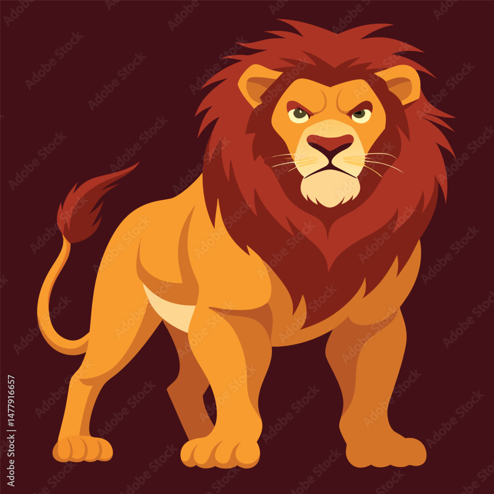 Obraz premium a fierce and majestic lion, standing tall and proud, with a striking mane of fiery orange fur, detailed realistic fur texture, dynamic pose, dramatic lighting, dark burgundy background 