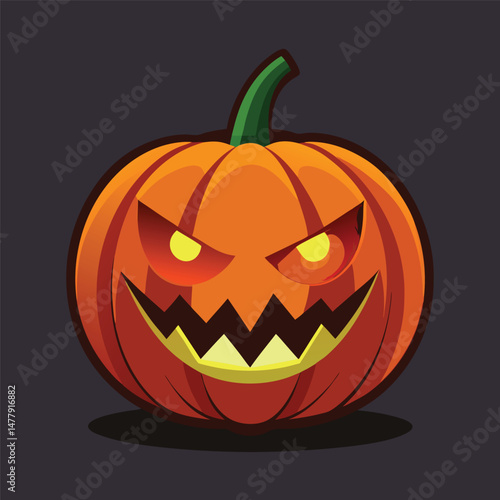 orange carved pumpkin with a menacing jack-o-lantern face, sharp teeth, glowing eyes, dark background, digital art, 3d rendering, highly detailed, cinematic lighting, 
