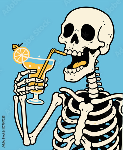 Hand Drawn Skeleton Drinking Cocktail Margarita Glass Illustration – Skull, Skeleton, Drink, Bar Poster, Halloween Art, Gothic Line Drawing, Edgy Cocktail Art, Tattoo Style Vector