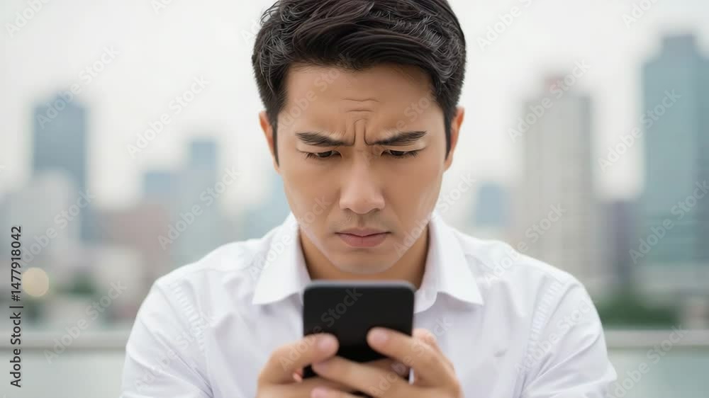 Man furrowing brows while looking at smartphone outside Man furrowing brows while looking at smartphone outside