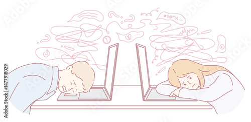 An illustration of two individuals overwhelmed by technology and constant information overload in daily life