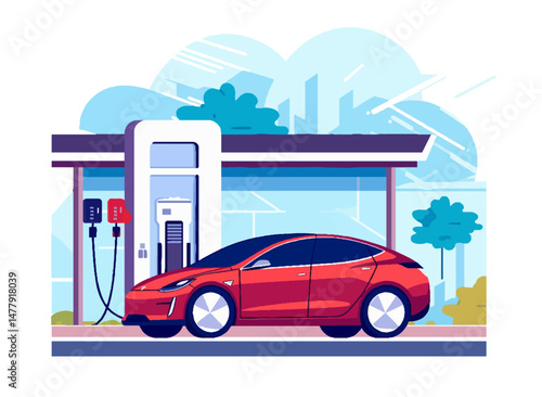 Modern vector illustration of a red electric car charging at an urban station. Clean energy and eco-friendly transportation concept.