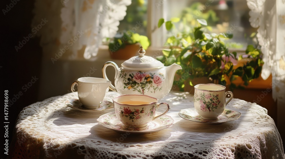 Fototapeta premium Floral teapots and teacup on lace-covered round table. Warm morning light and soft indoor setting evoke cozy, traditional tea time. Generative Ai