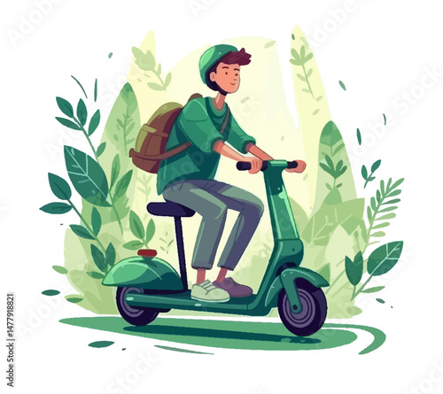 Stylized vector illustration of a young man with helmet and backpack riding an electric scooter surrounded by green plants.