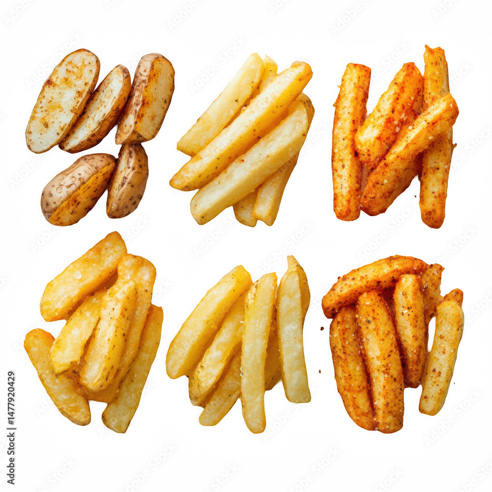 Variety of Fried Potato Products Including Crispy Golden Fries and Seasoned Potato Wedges on Transparent Background Variety of Fried Potato Products Including Crispy Golden Fries and Seasoned Potato Wedges on Transparent Background