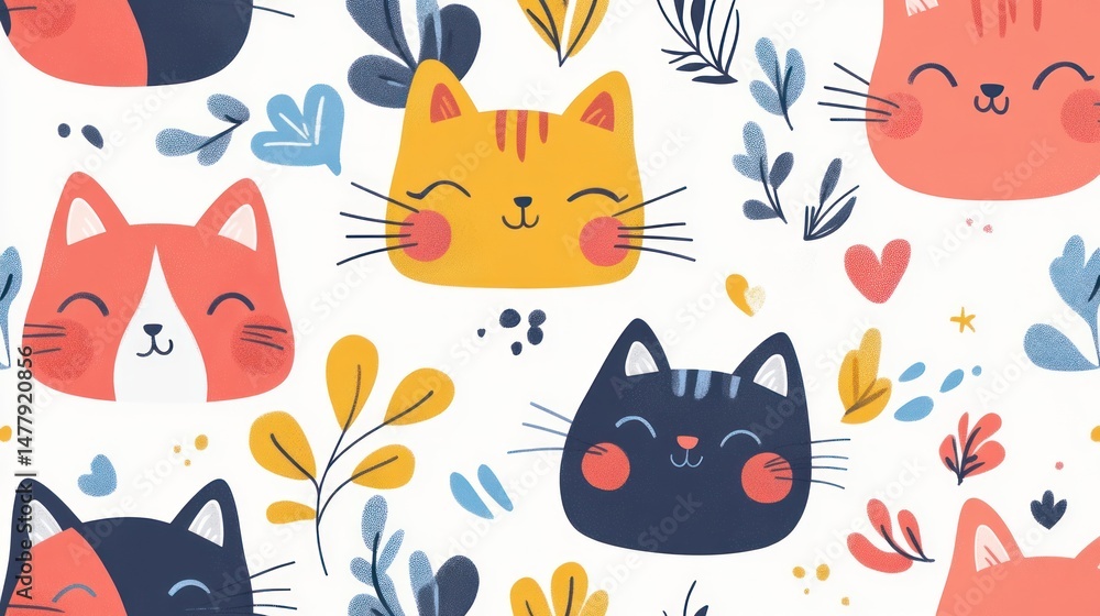 Cute cat faces and leaves pattern (2) Cute cat faces and leaves pattern (2)