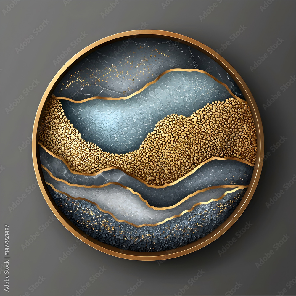 Fototapeta premium Abstract gold and blue marble wall art, round frame, luxury interior design, modern home decor