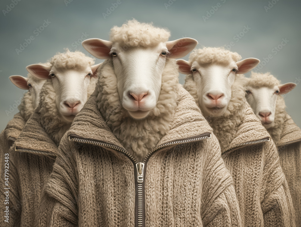 Sheep with attitude wearing zip-up wool jumpers Sheep with attitude wearing zip-up wool jumpers