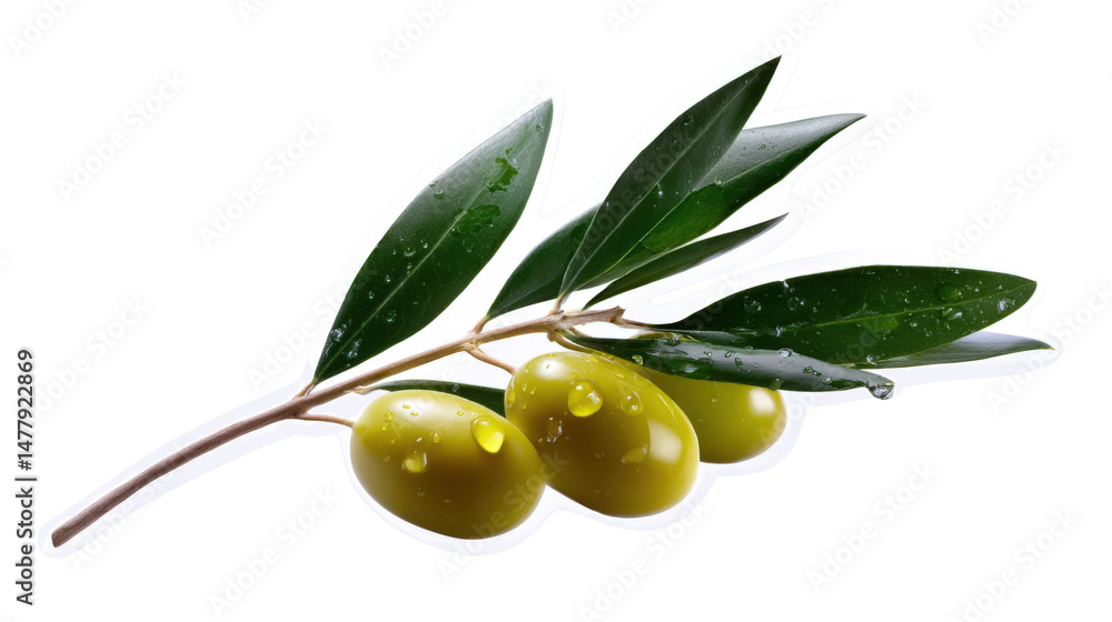 Sticker, olive branch with olives and water drops, vector illustration on a transparent background, die-cut sticker with no border. Sticker, olive branch with olives and water drops, vector illustration on a transparent background, die-cut sticker with no border.