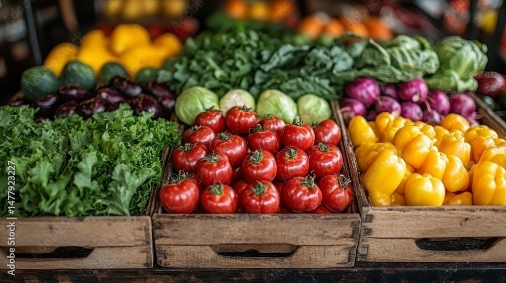 Fresh vegetables displayed in wooden crates at a market stall Fresh vegetables displayed in wooden crates at a market stall