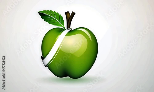 Fresh green apple fruit, a healthy vegetarian food illustration with a leaf