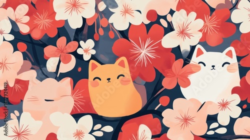 Cute cats among cherry blossoms