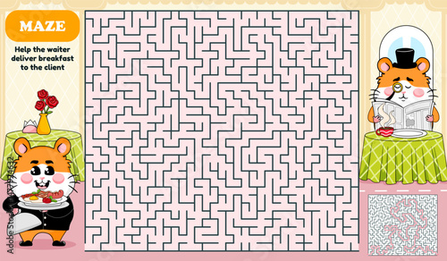 Square maze activity page for kids. Help waiter find the way to client, cartoon style