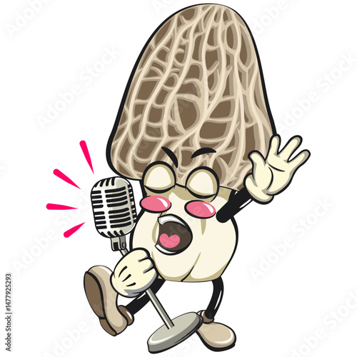 Cute Morchella mushroom vektor illustration mascot character singing with maximum style, work of hand drawn