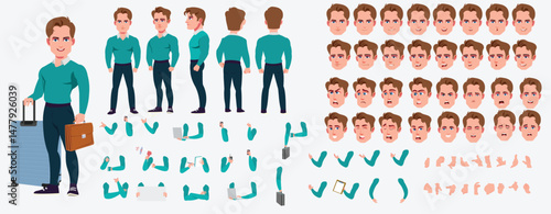 Man Character design. Front, side, back view and explainer animation poses. Character set with lip sync and facial expressions of Happy, angry, sad, Joy with Side walk cycle animation sequence sprite 