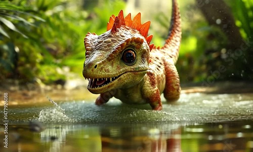 The green reptile, an iguana-like animal with close-up eye and scales, is wild in nature near the water, resembling a small dragon