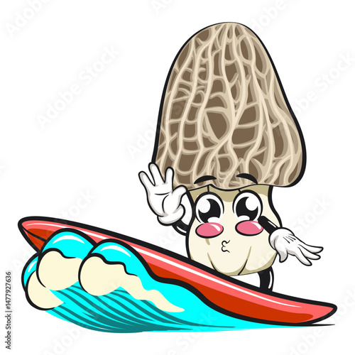 Cute Morchella mushroom vektor illustration mascot character surfing happily, work of hand drawn