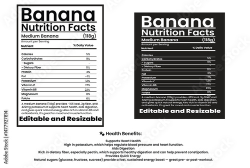 "Banana Nutrition Facts Label Template | Editable Nutritional Information Chart for Healthy Food Packaging"
