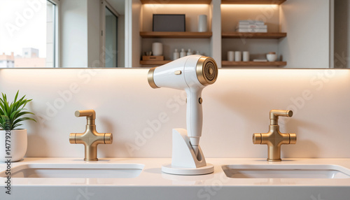 Modern hair dryer in elegant bathroom setting, functional design