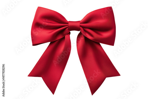 Elegant red satin ribbon bow on black background presents a celebratory atmosphere and festive decoration