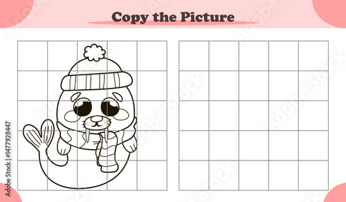 Copy the image activity game for kids with cute walrus in winter clothes, cartoon style
