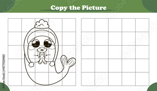 Copy the image activity game for kids with cute walrus with Christmas cookie, cartoon style