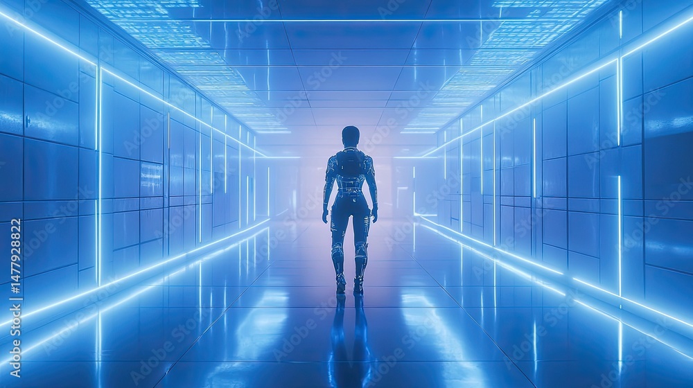 Fototapeta premium Futuristic corridor, glowing blue, figure walks ahead.