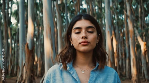A serene woman meditating peacefully amidst a tranquil forest. She is absorbed in introspection with her eyes closed and a calm expression. 