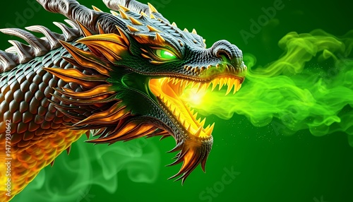 Detailed 3D Dragon Head Spewing Green Smoke Isolated on Green Screen in Isometric View for VFX and Game Design with Metallic Scales and Fiery Accents a Mythical Creature